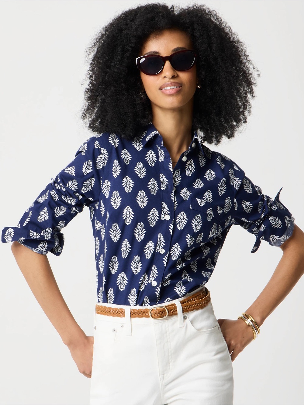 J. Crew Button Up Regenerative Cotton Blend Shirt Signature Fit Women L Navy